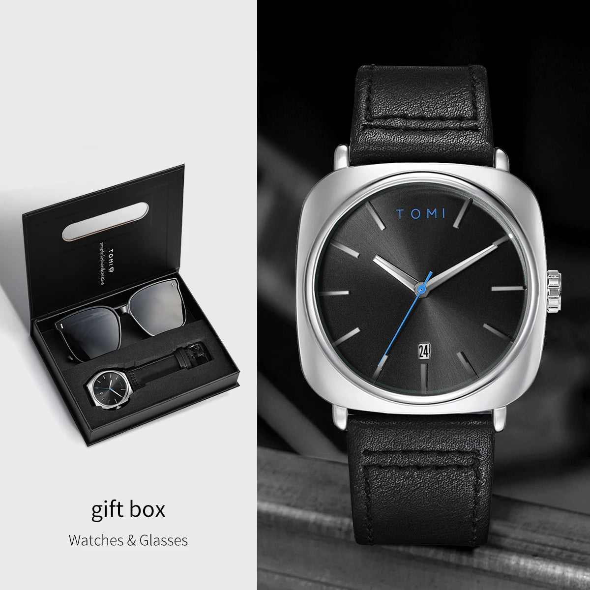 Tomi 2 pçs masculino casual moda relógio óculos conjunto de presente clássico simples caso quadrado relógio de quartzo masculino conjunto de presente reloj