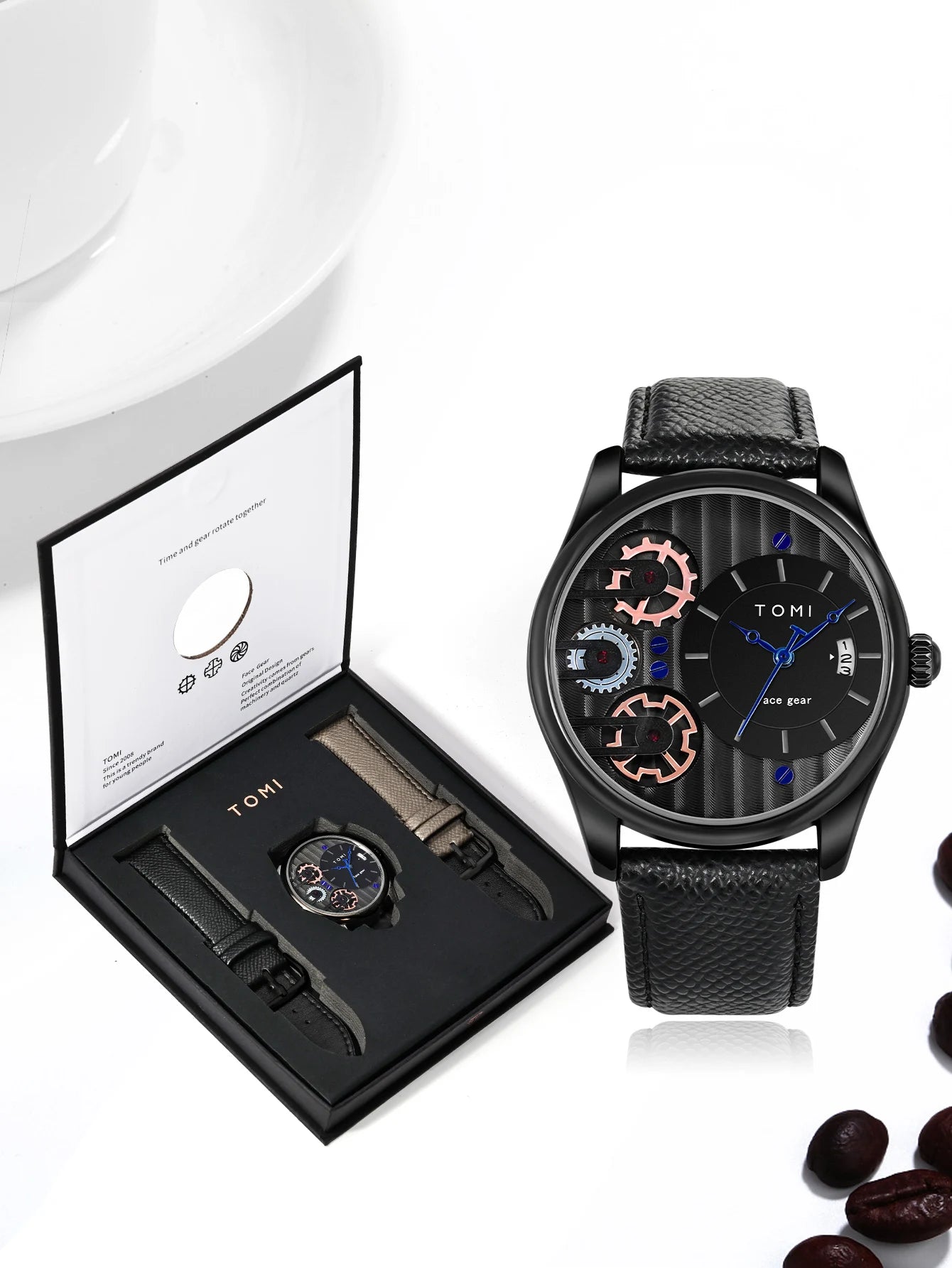 Relógio de quartzo de pulseira destacável TOMI masculino, conjunto combinado caixa presente, luxo e negócios simples, presente Festival