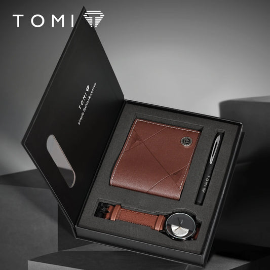 Tomi 3 pçs conjunto de caixa de presente de negócios de luxo relógio masculino carteira simples lazer criativo oco dial relógio de quartzo relógio presentes