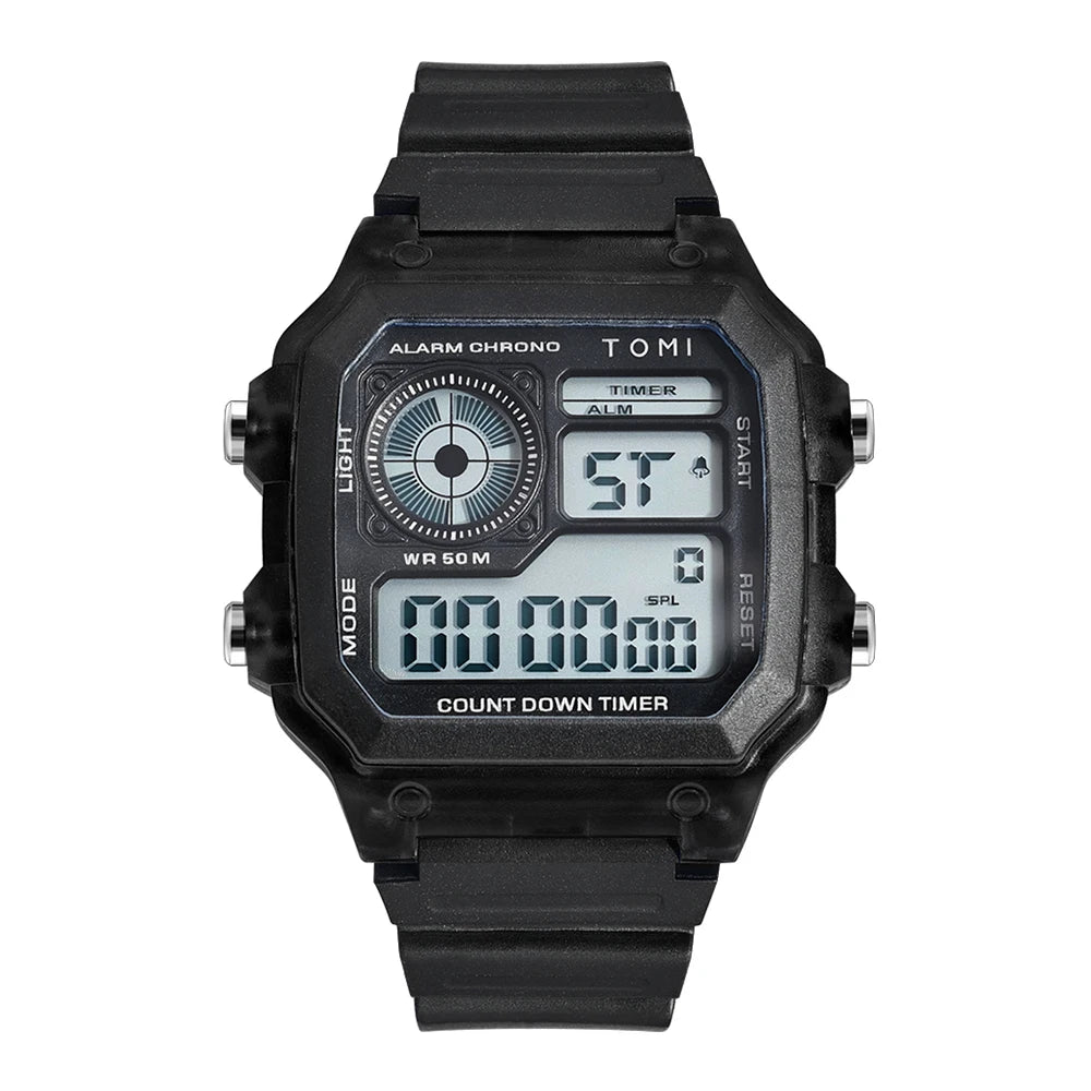 TOMI Transparente Cyberpunk Relógio Digital Edgy Square Estilo Esportivo Display LED Botões Multi-Função Moda Streetwear Pulseira