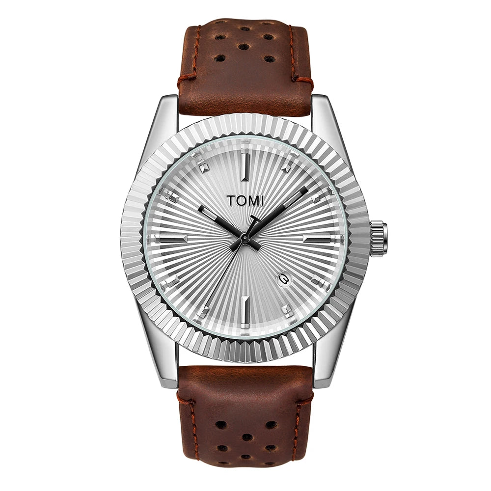 TOMI Moda Masculina Clássico Relógio Masculino e Feminino Versátil Tendência Calendário de Negócios Relógio de Quartzo de Couro Marrom