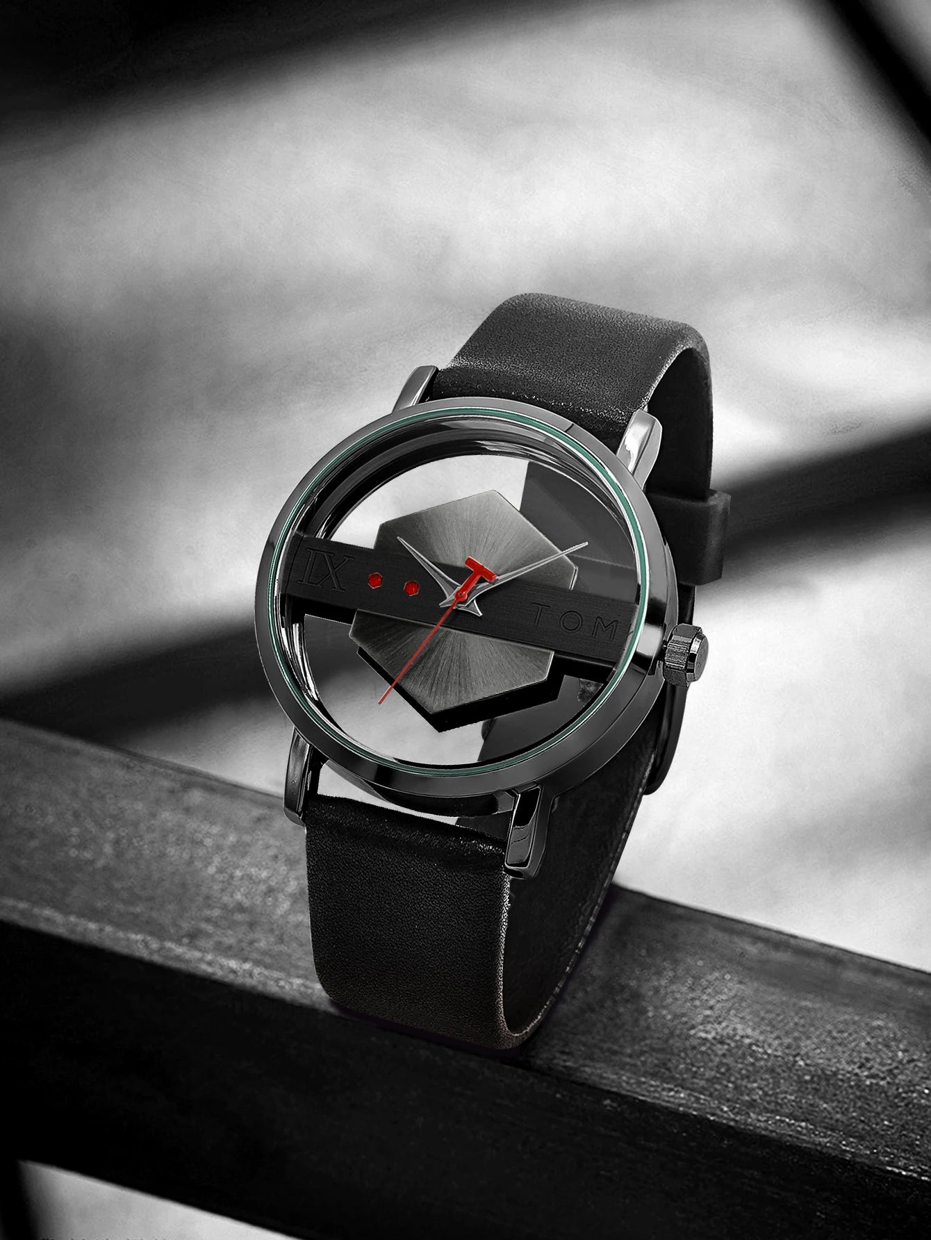 TOMI Pulseira de relógio de couro masculina elegante e minimalista personalizada com perspectiva oca tampa inferior de vidro relógio de quartzo