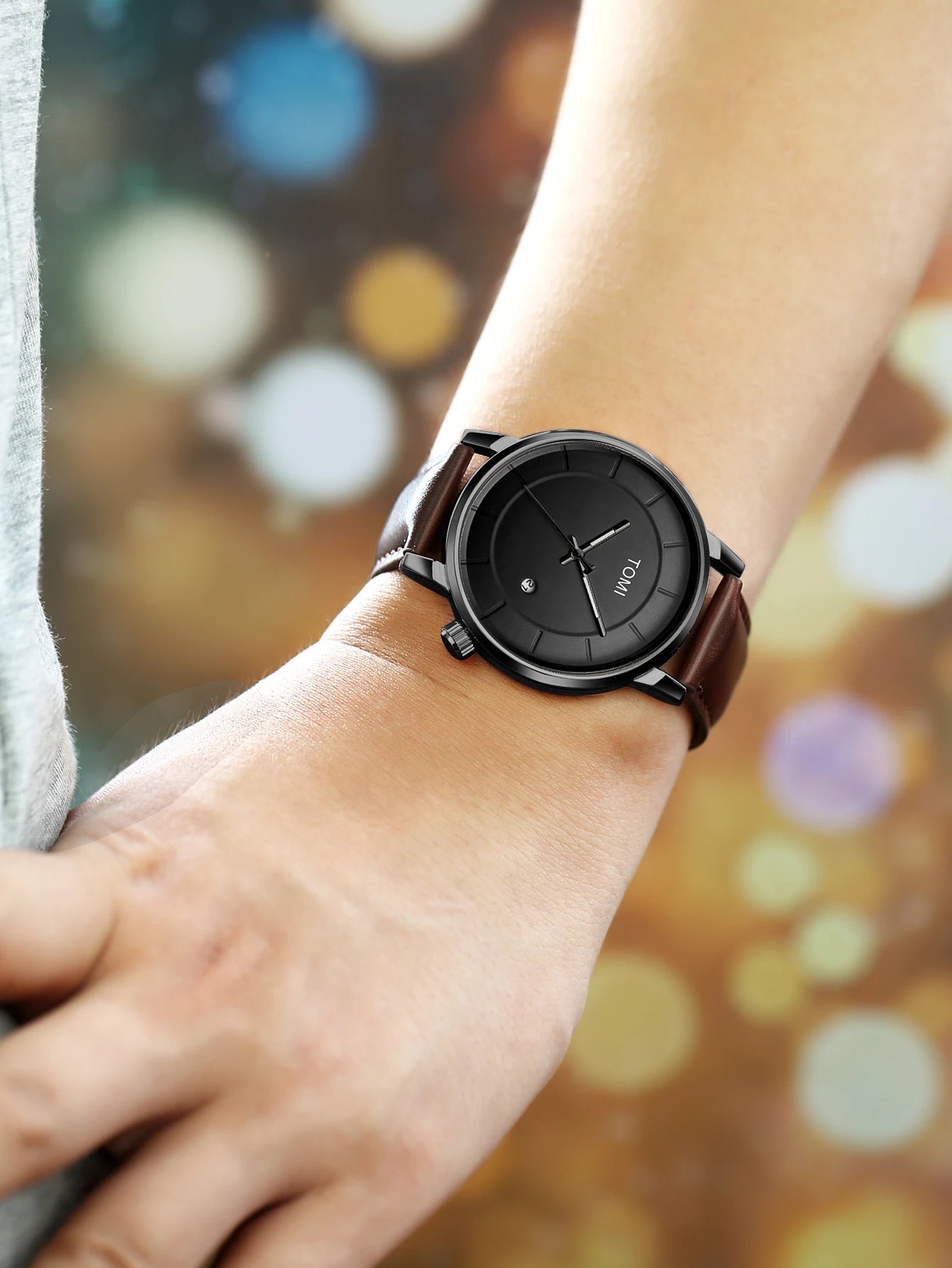 Tomi novo 2 pçs moda casual relógio masculino caixa de presente conjunto luxo redondo grande dial calendário masculino relógio de quartzo óculos caixa de presente