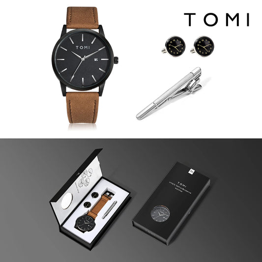 Venda quente tomi masculino 4 pçs caixa de presente conjunto relógio minimalista casual masculino relógio de quartzo gravata clipe manga fivela relógio presente relojes