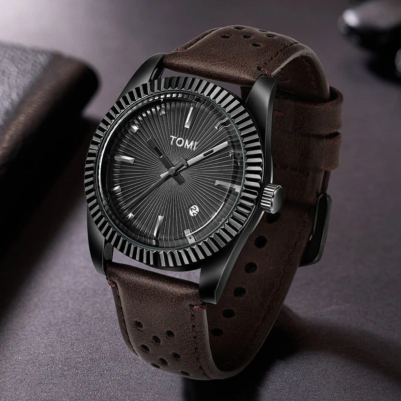 TOMI Moda Masculina Clássico Relógio Masculino e Feminino Versátil Tendência Calendário de Negócios Relógio de Quartzo de Couro Marrom
