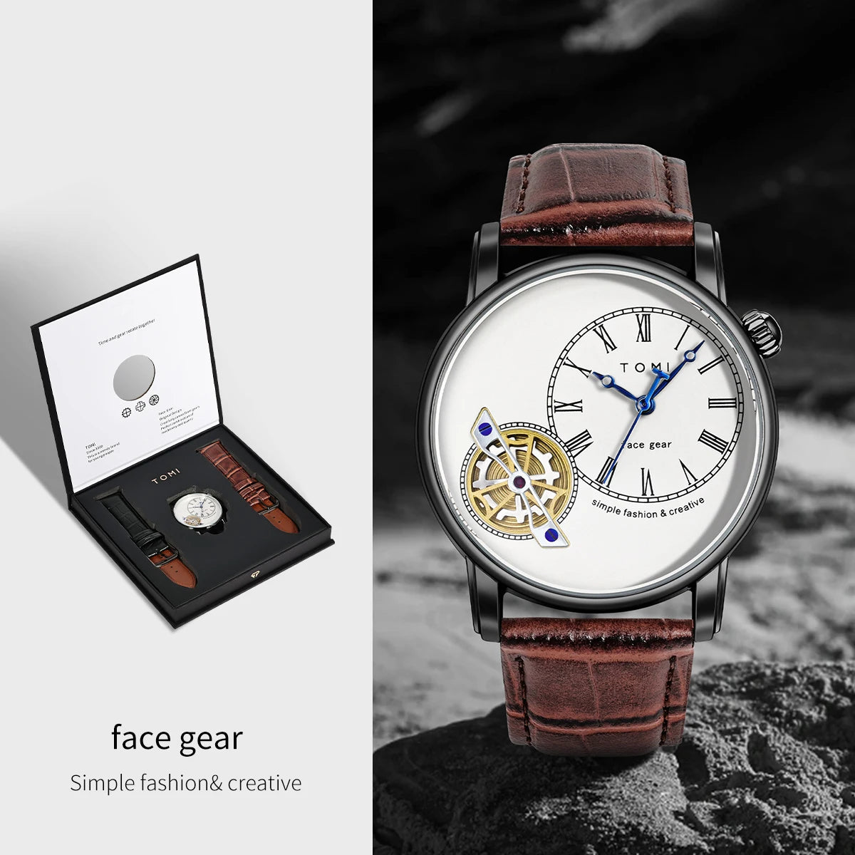 Tomi conjunto caixa de presente luxo e elegante relógio de quartzo masculino calendário de lazer pulseira dupla relógio de quartzo presente do festival
