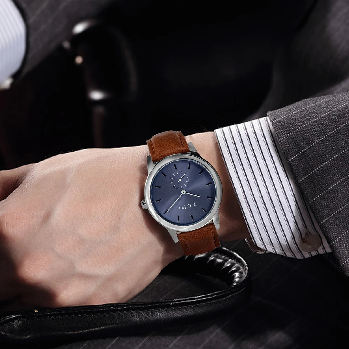 TOMI Fashion Masculino Relógio de quartzo com meio cinto de dois pinos casual e minimalista masculino
