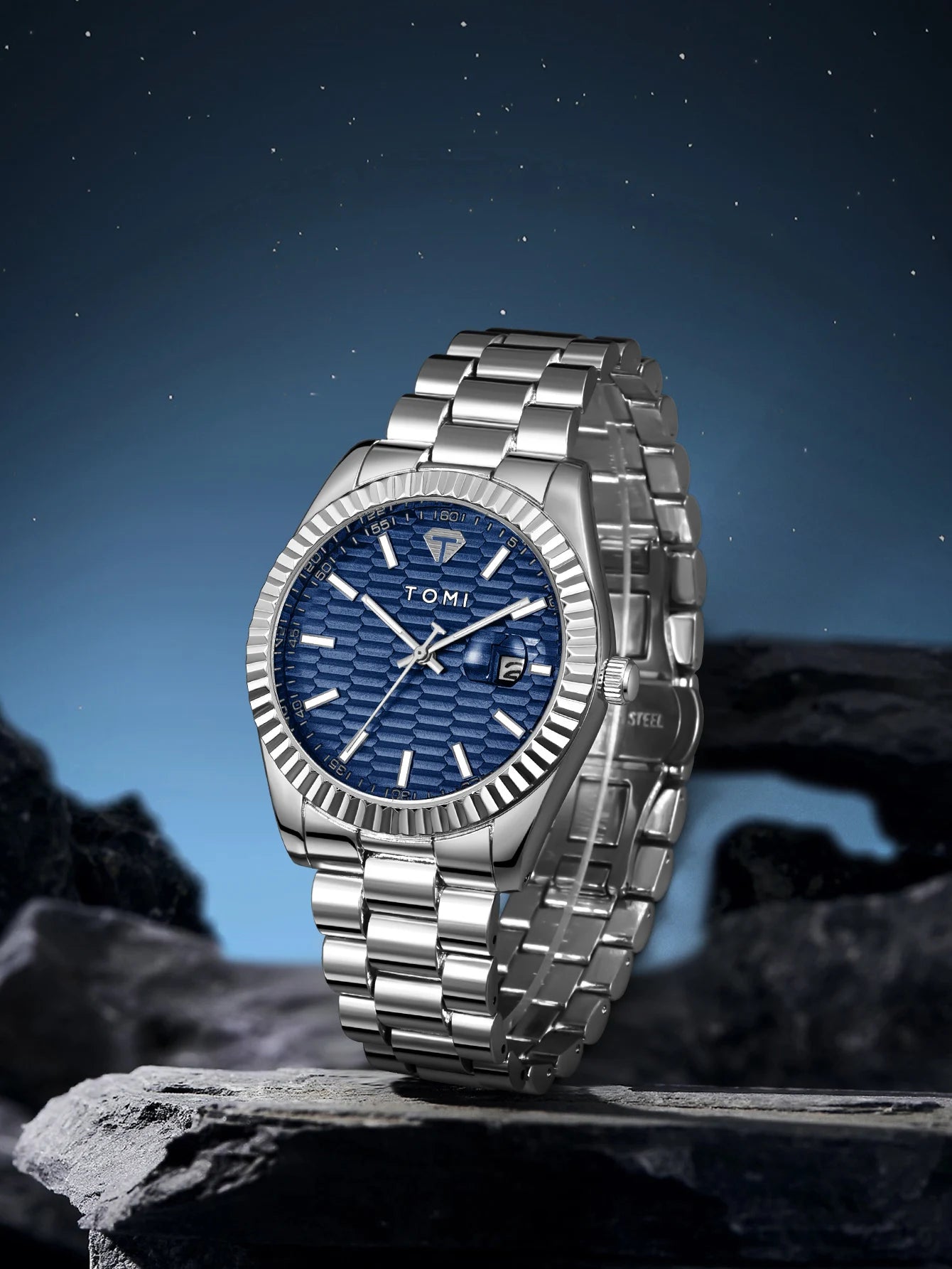 Tomi novo relógio masculino broche anel caixa de presente conjunto luxo negócios pulseira aço inoxidável calendário casual relógio quartzo reloj