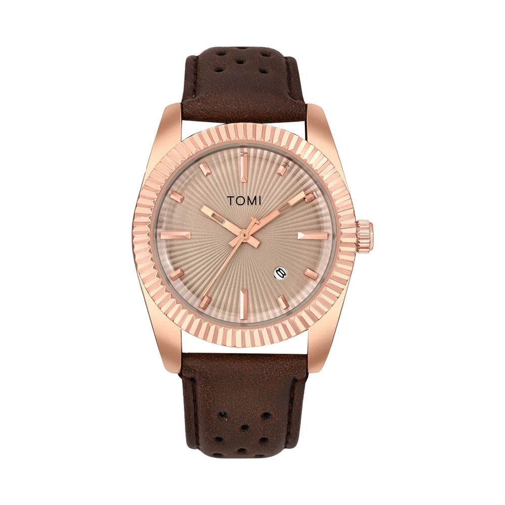 TOMI Moda Masculina Clássico Relógio Masculino e Feminino Versátil Tendência Calendário de Negócios Relógio de Quartzo de Couro Marrom