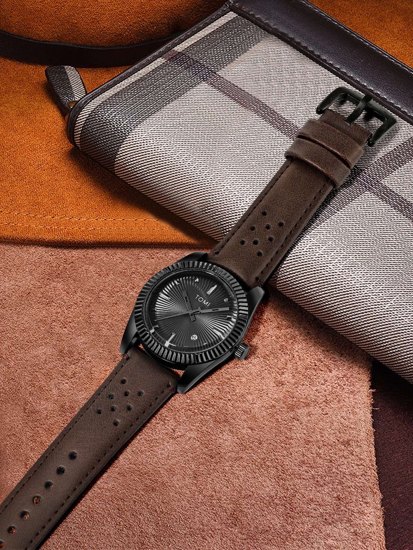 TOMI Moda Masculina Clássico Relógio Masculino e Feminino Versátil Tendência Calendário de Negócios Relógio de Quartzo de Couro Marrom