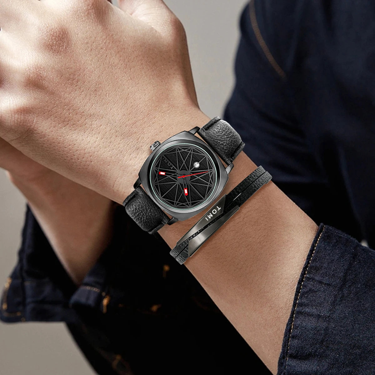 Tomi 2024 novo 2 pçs relógio masculino pulseira presente conjunto de luxo negócios versátil calendário relógio quartzo masculino e relógio presente reloj