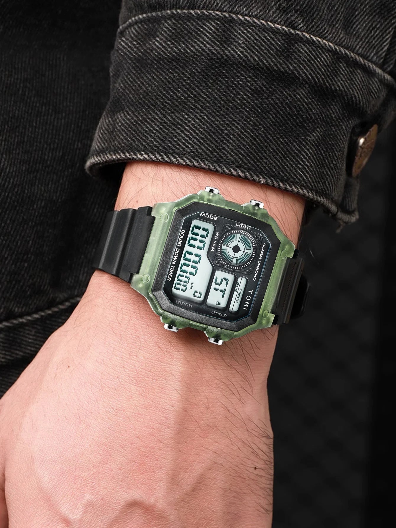 TOMI Transparente Cyberpunk Relógio Digital Edgy Square Estilo Esportivo Display LED Botões Multi-Função Moda Streetwear Pulseira