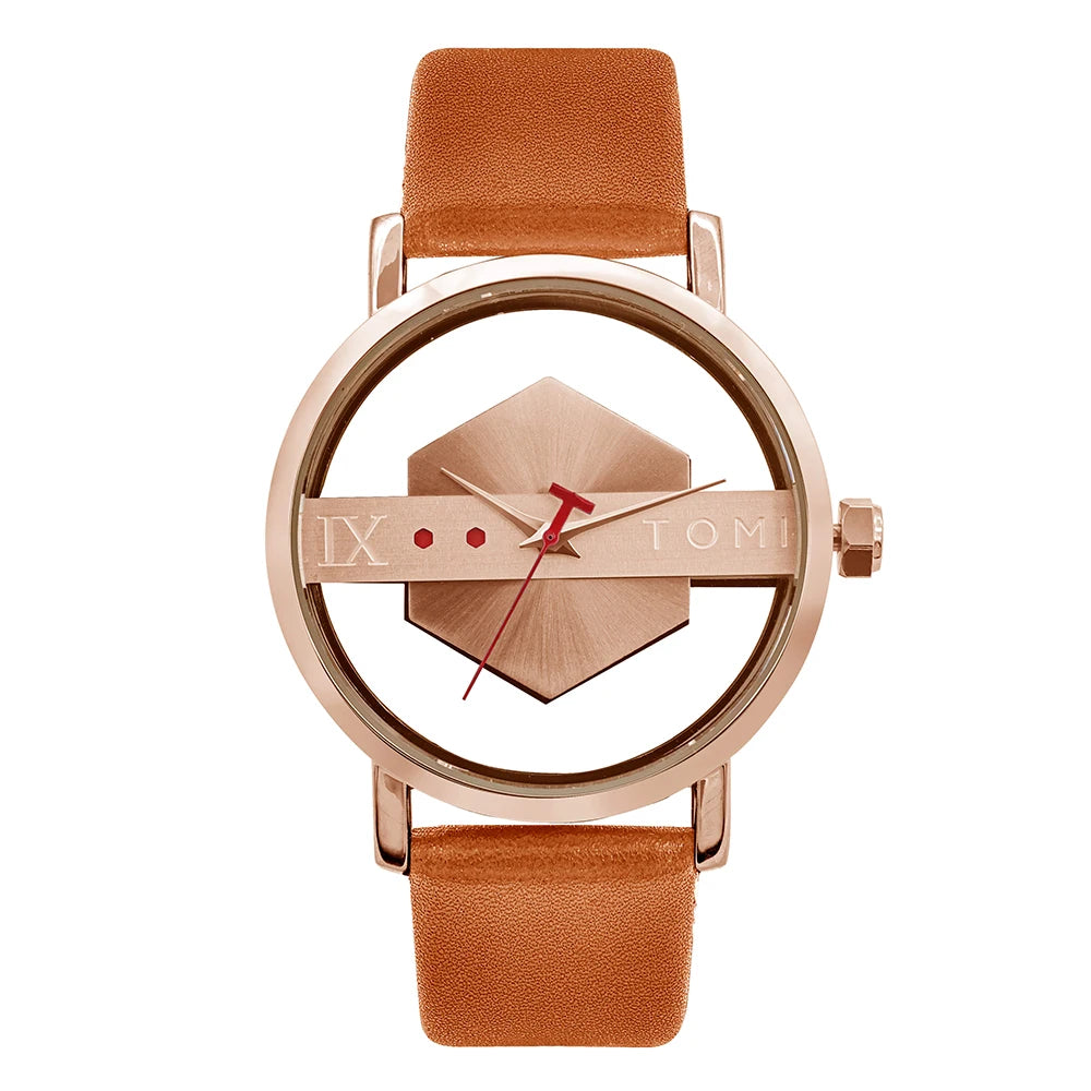 TOMI Pulseira de relógio de couro masculina elegante e minimalista personalizada com perspectiva oca tampa inferior de vidro relógio de quartzo