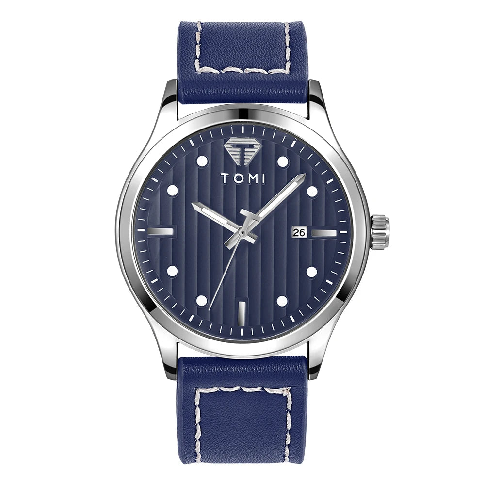 Tomi minimalista relógio de quartzo masculino de negócios vintage listra vertical calendário mostrador redondo masculino cinto preto relógio presente reloj