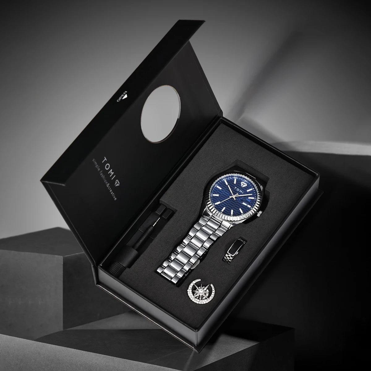 Tomi novo relógio masculino broche anel caixa de presente conjunto luxo negócios pulseira aço inoxidável calendário casual relógio quartzo reloj