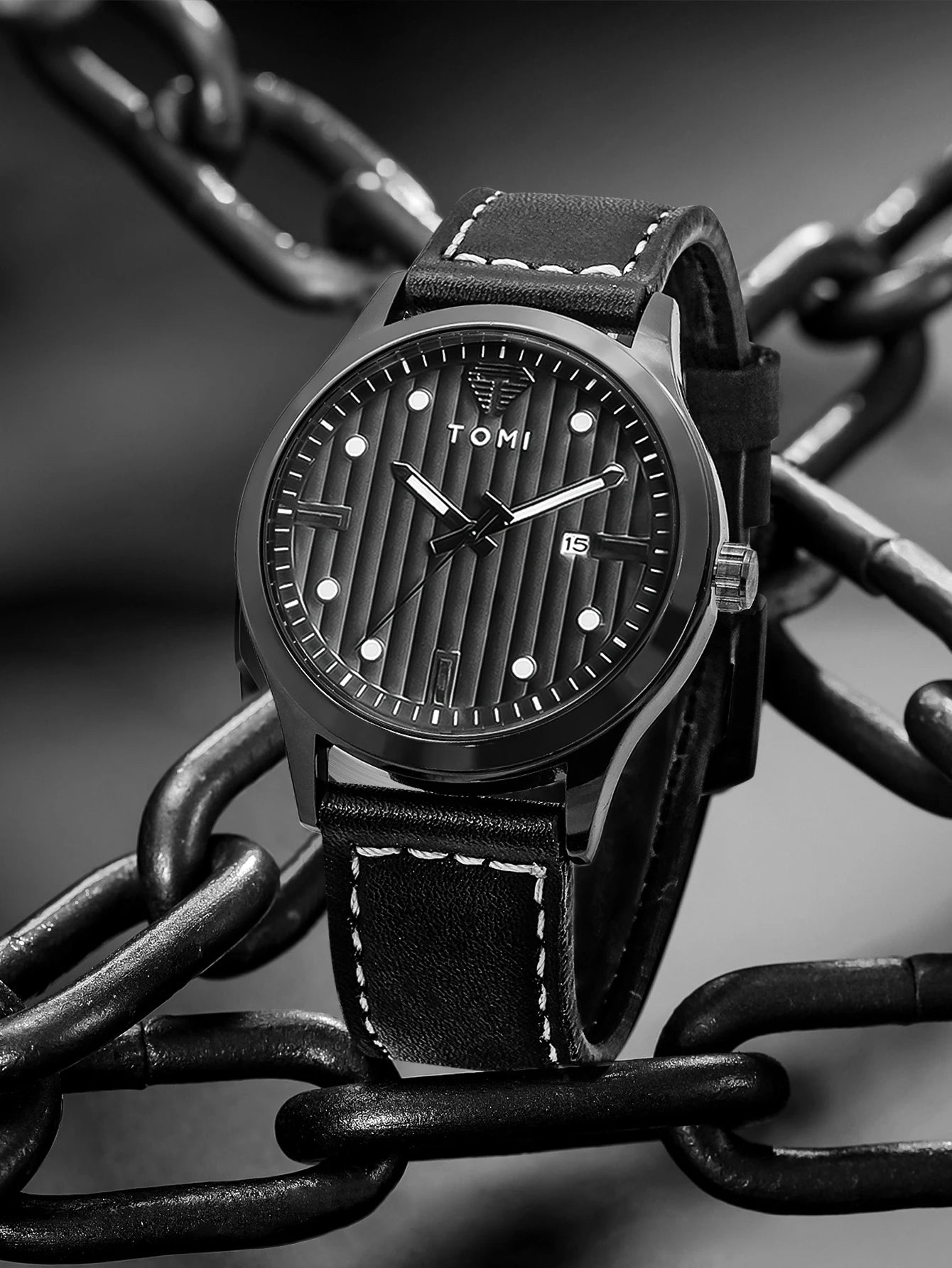 Tomi minimalista relógio de quartzo masculino de negócios vintage listra vertical calendário mostrador redondo masculino cinto preto relógio presente reloj