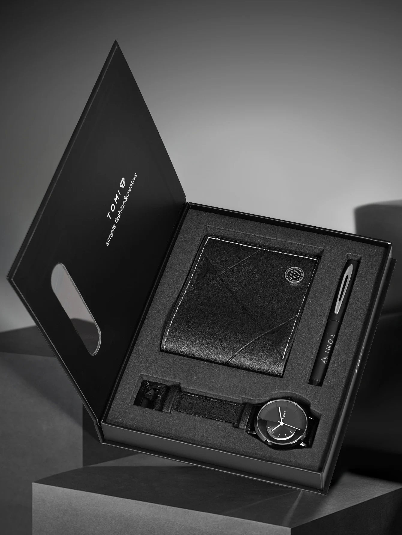 Tomi 3 pçs conjunto de caixa de presente de negócios de luxo relógio masculino carteira simples lazer criativo oco dial relógio de quartzo relógio presentes