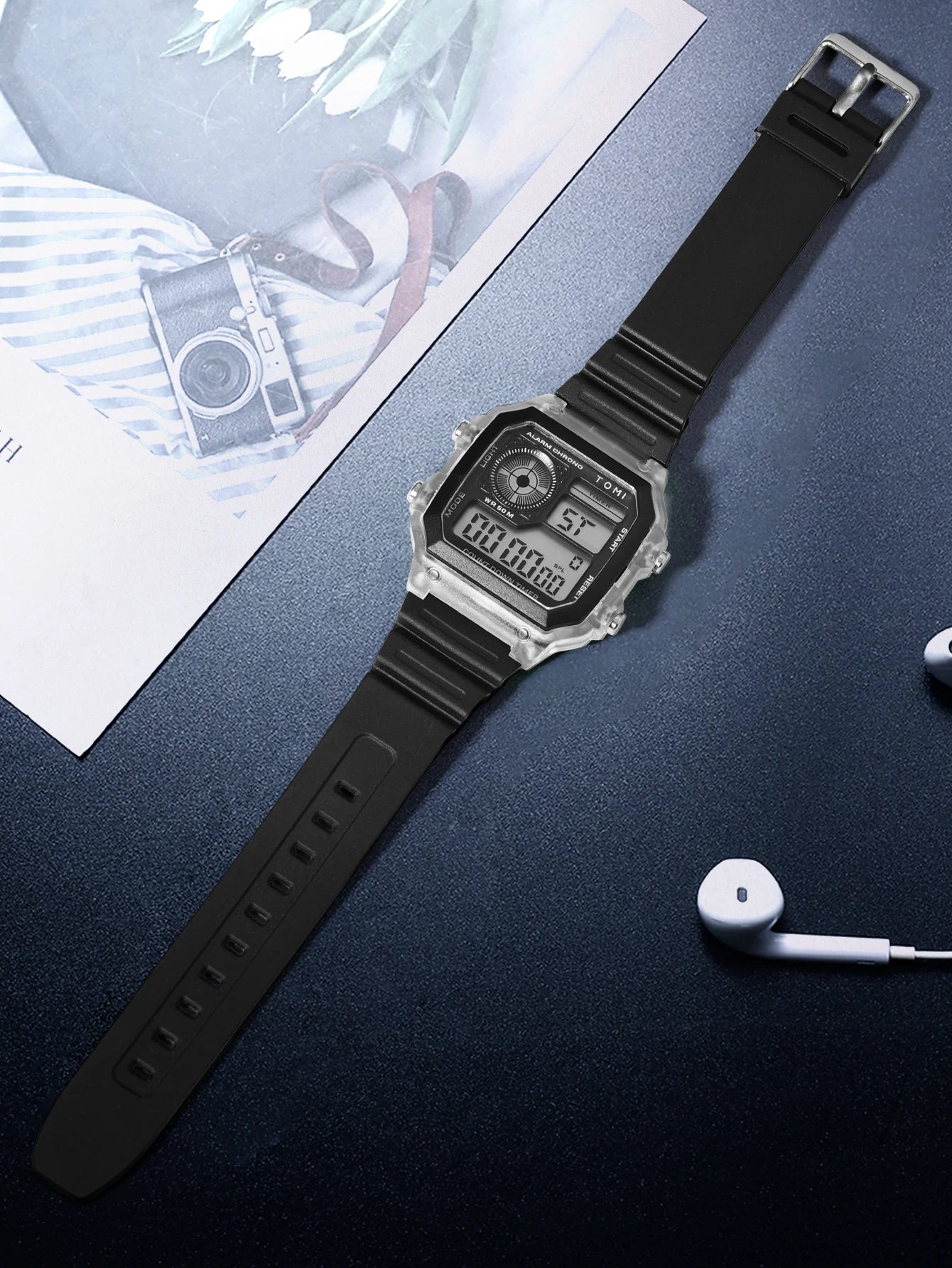 TOMI Transparente Cyberpunk Relógio Digital Edgy Square Estilo Esportivo Display LED Botões Multi-Função Moda Streetwear Pulseira