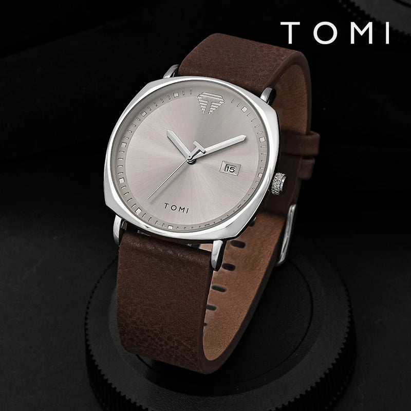 TOMI Relógio Masculino Minimalista Moda Esportes Relógio Calendário Couro Casual Relógio de Quartzo
