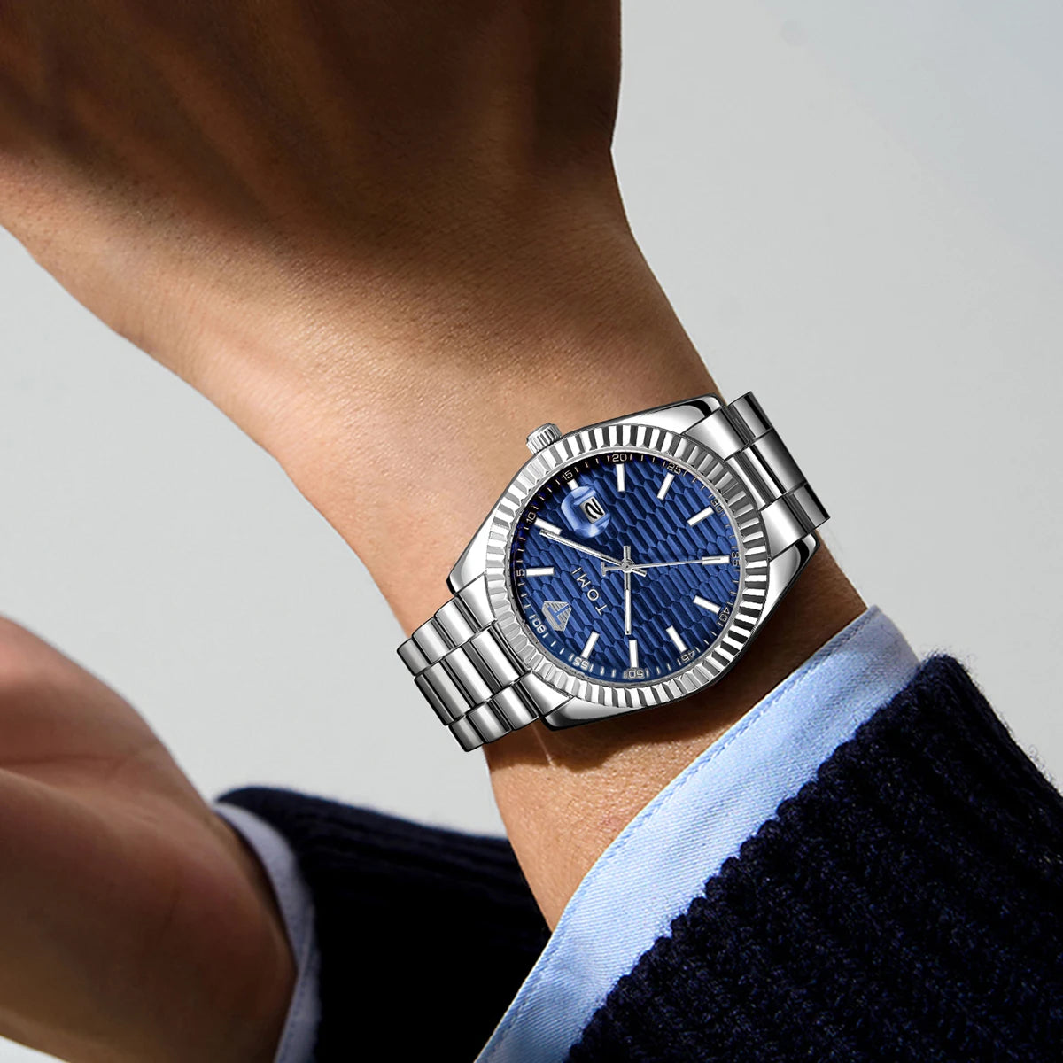 Tomi novo relógio masculino broche anel caixa de presente conjunto luxo negócios pulseira aço inoxidável calendário casual relógio quartzo reloj