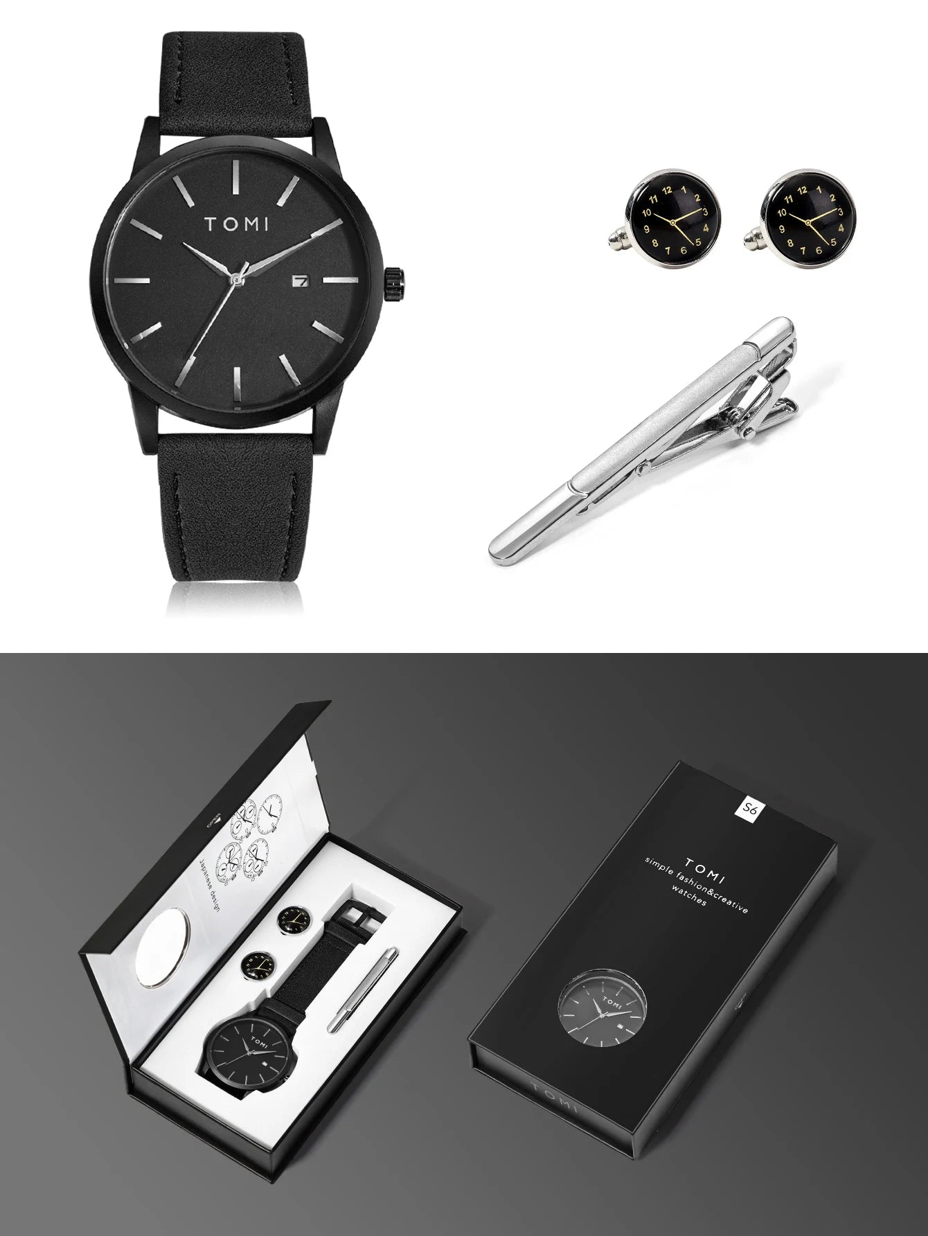 Venda quente tomi masculino 4 pçs caixa de presente conjunto relógio minimalista casual masculino relógio de quartzo gravata clipe manga fivela relógio presente relojes