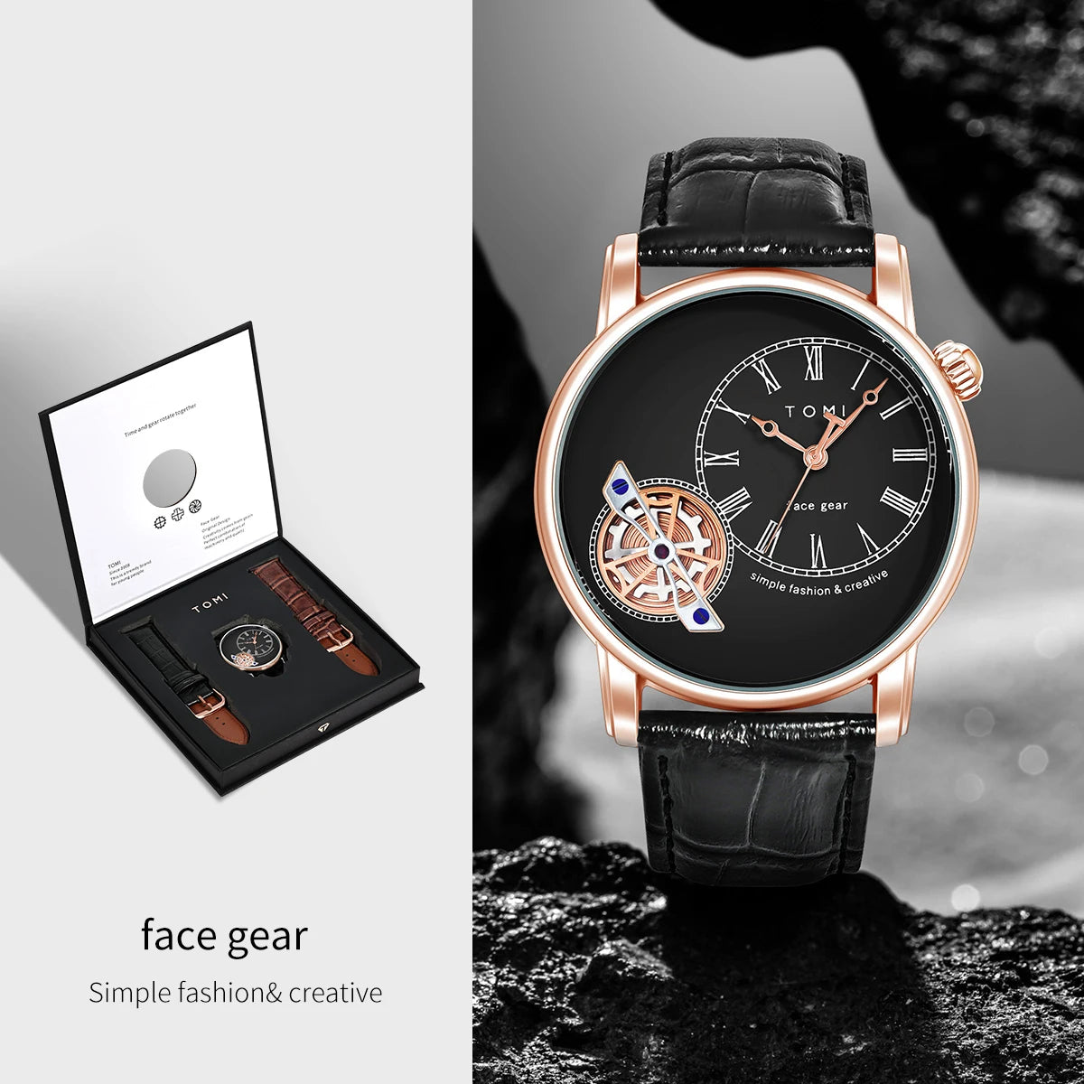 Tomi conjunto caixa de presente luxo e elegante relógio de quartzo masculino calendário de lazer pulseira dupla relógio de quartzo presente do festival