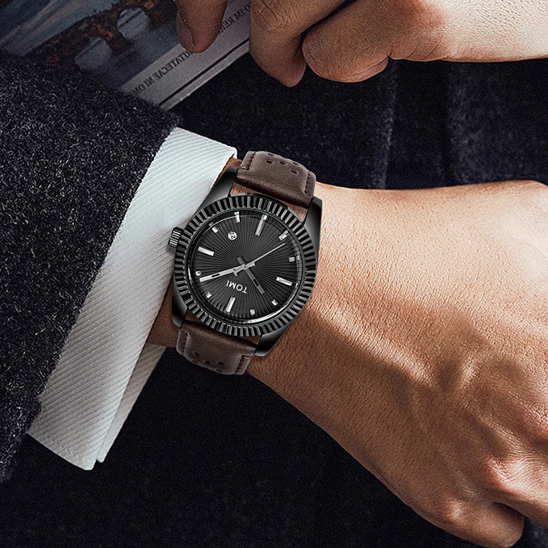 TOMI Moda Masculina Clássico Relógio Masculino e Feminino Versátil Tendência Calendário de Negócios Relógio de Quartzo de Couro Marrom