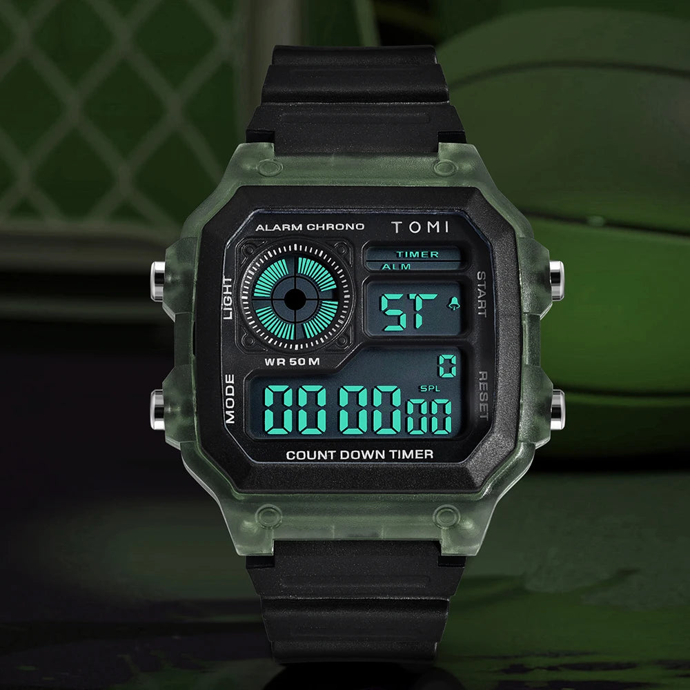TOMI Transparente Cyberpunk Relógio Digital Edgy Square Estilo Esportivo Display LED Botões Multi-Função Moda Streetwear Pulseira