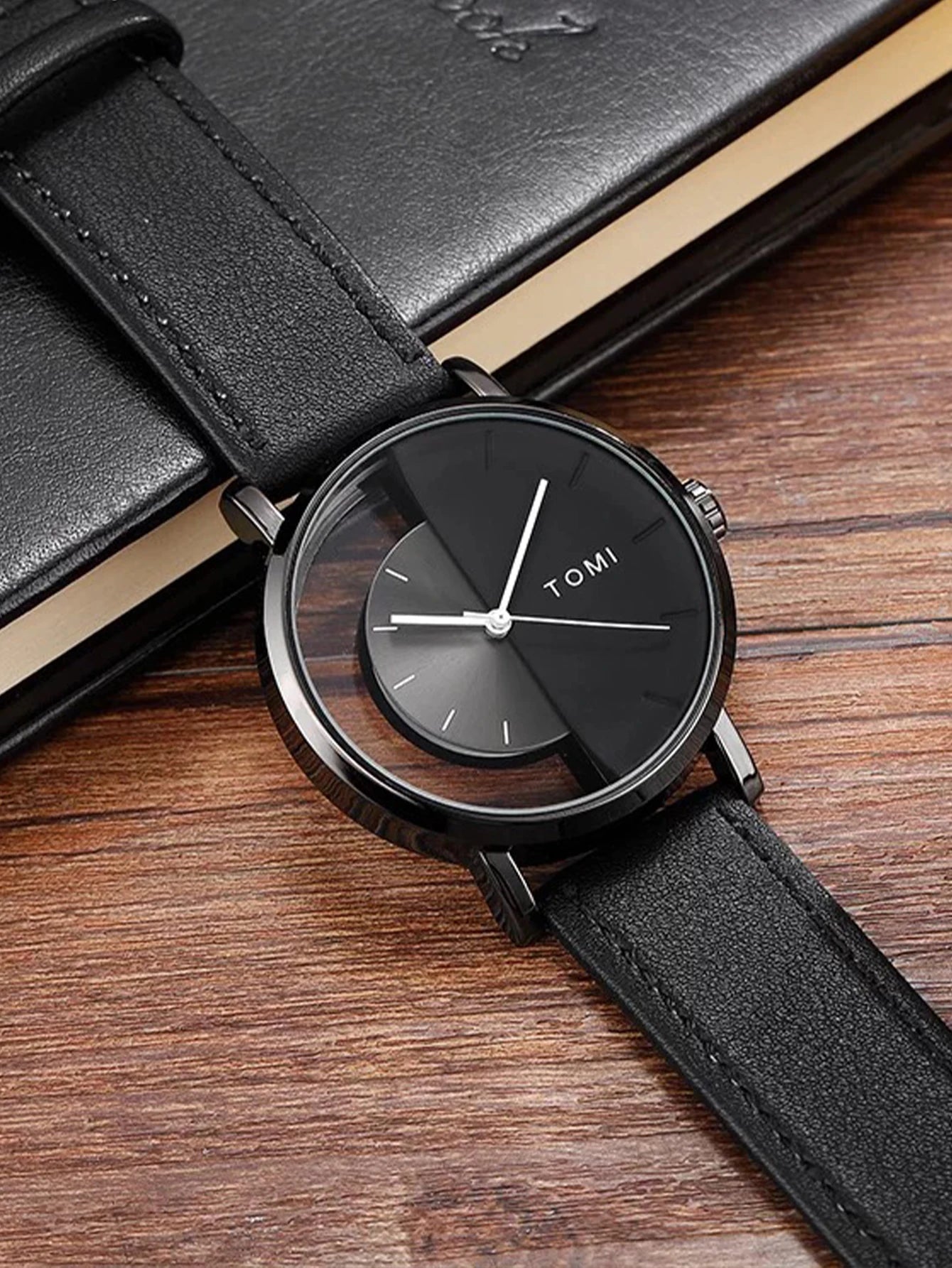 Tomi 3 pçs conjunto de caixa de presente de negócios de luxo relógio masculino carteira simples lazer criativo oco dial relógio de quartzo relógio presentes