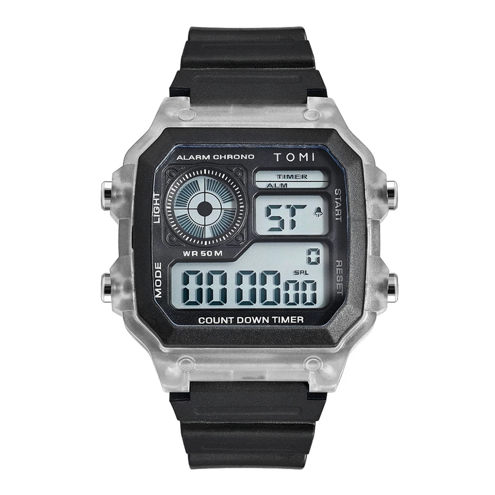 TOMI Transparente Cyberpunk Relógio Digital Edgy Square Estilo Esportivo Display LED Botões Multi-Função Moda Streetwear Pulseira