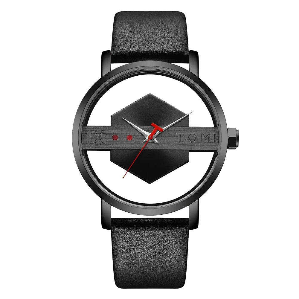 TOMI Pulseira de relógio de couro masculina elegante e minimalista personalizada com perspectiva oca tampa inferior de vidro relógio de quartzo