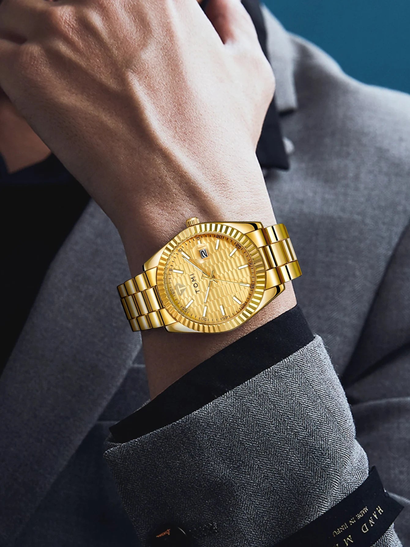 Tomi novo relógio masculino broche anel caixa de presente conjunto luxo negócios pulseira aço inoxidável calendário casual relógio quartzo reloj