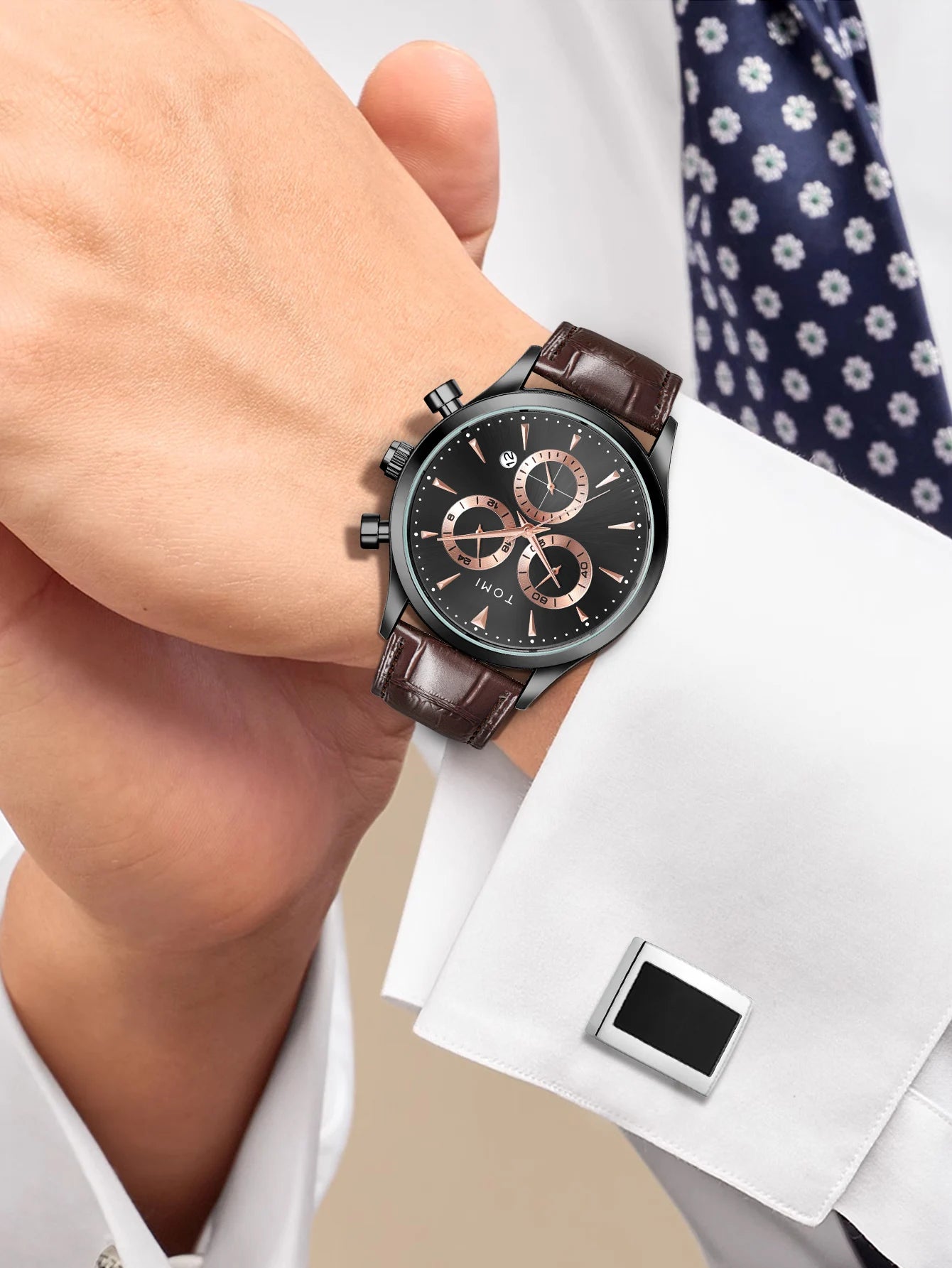 Tomi 4 pçs conjunto de luxo negócios masculino relógio quartzo casual moda versátil relógio abotoaduras masculino gravata clipe relógio festival presente