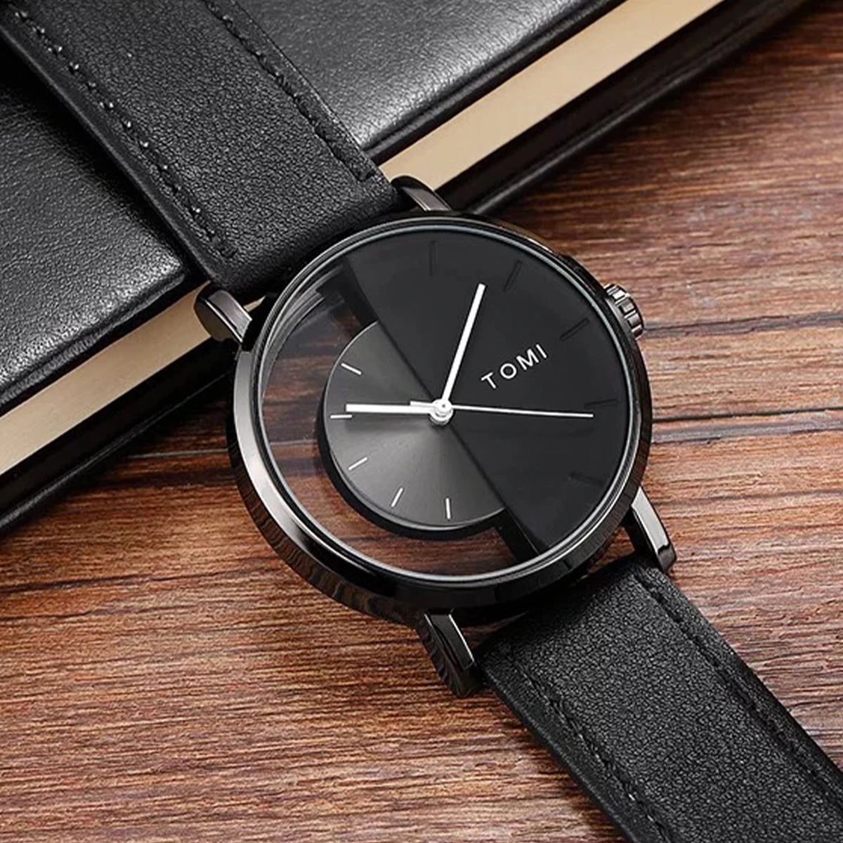 Tomi 3 pçs conjunto de caixa de presente de negócios de luxo relógio masculino carteira simples lazer criativo oco dial relógio de quartzo relógio presentes