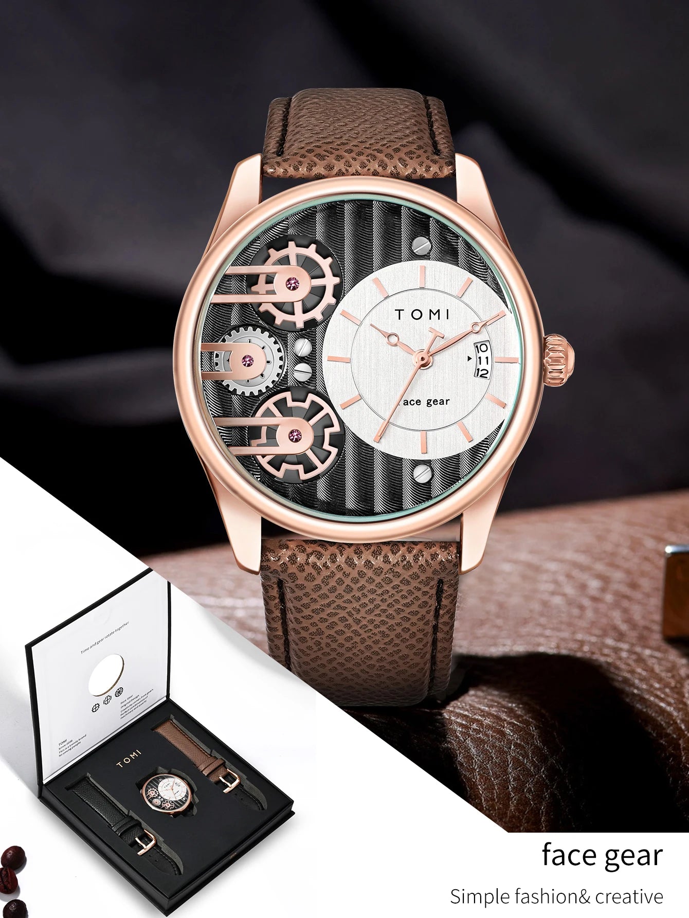 Relógio de quartzo de pulseira destacável TOMI masculino, conjunto combinado caixa presente, luxo e negócios simples, presente Festival