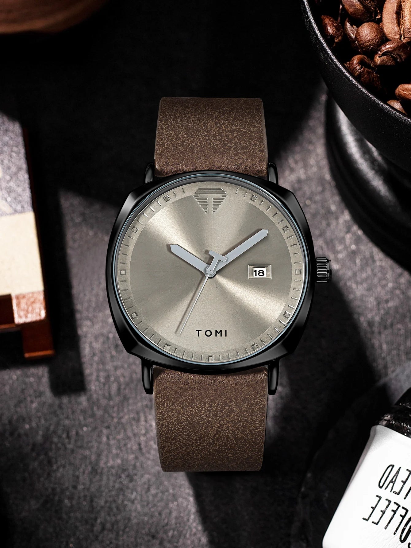 TOMI Relógio Masculino Minimalista Moda Esportes Relógio Calendário Couro Casual Relógio de Quartzo