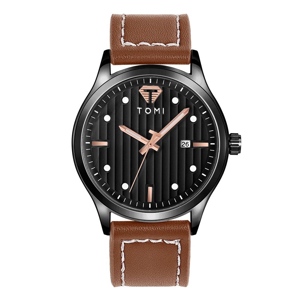 Tomi minimalista relógio de quartzo masculino de negócios vintage listra vertical calendário mostrador redondo masculino cinto preto relógio presente reloj