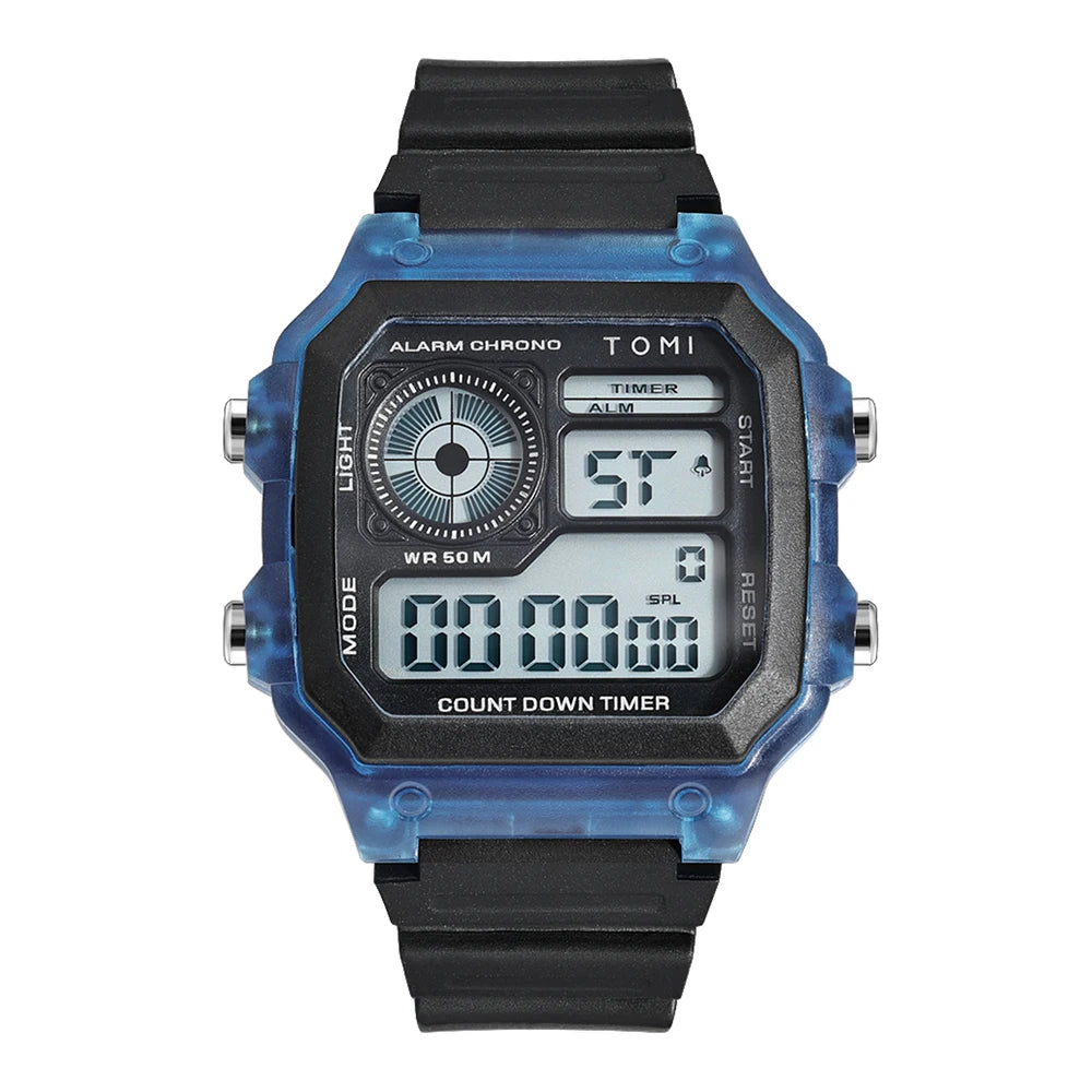 TOMI Transparente Cyberpunk Relógio Digital Edgy Square Estilo Esportivo Display LED Botões Multi-Função Moda Streetwear Pulseira