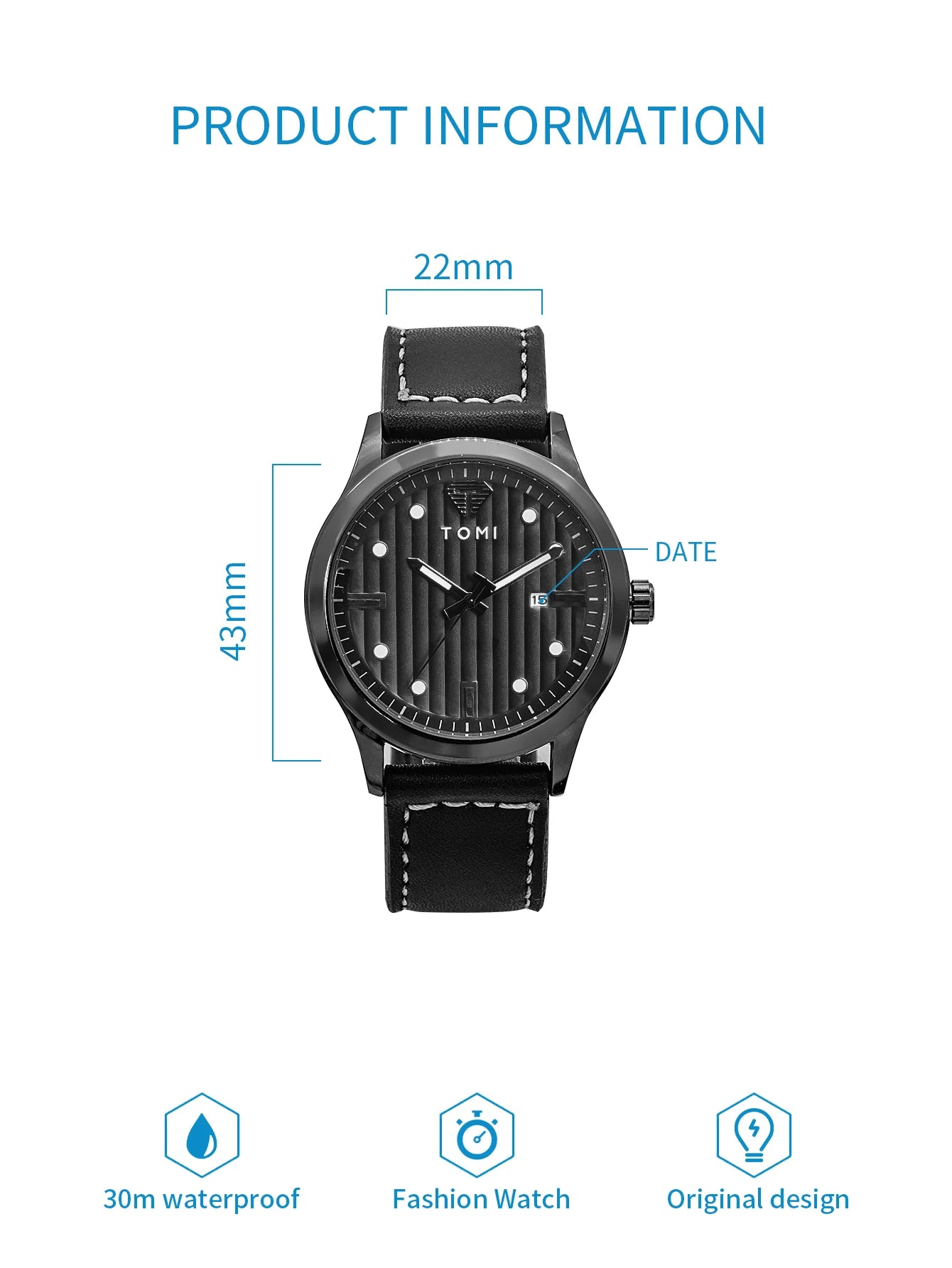 Tomi minimalista relógio de quartzo masculino de negócios vintage listra vertical calendário mostrador redondo masculino cinto preto relógio presente reloj