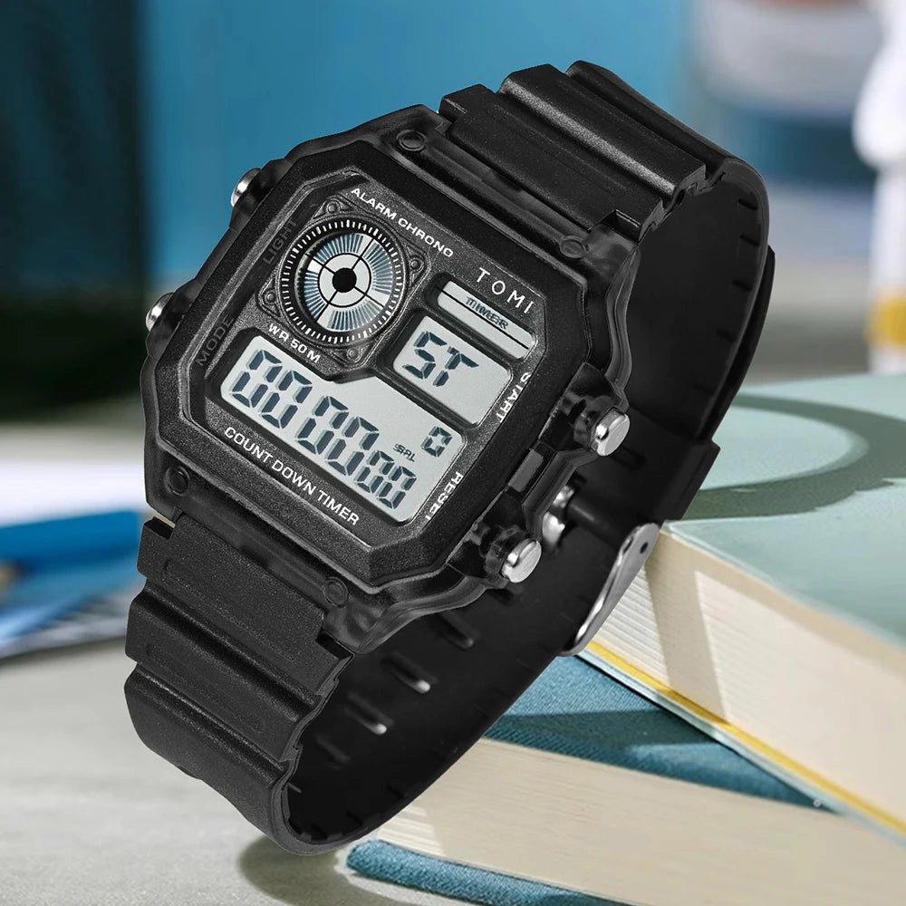 TOMI Transparente Cyberpunk Relógio Digital Edgy Square Estilo Esportivo Display LED Botões Multi-Função Moda Streetwear Pulseira