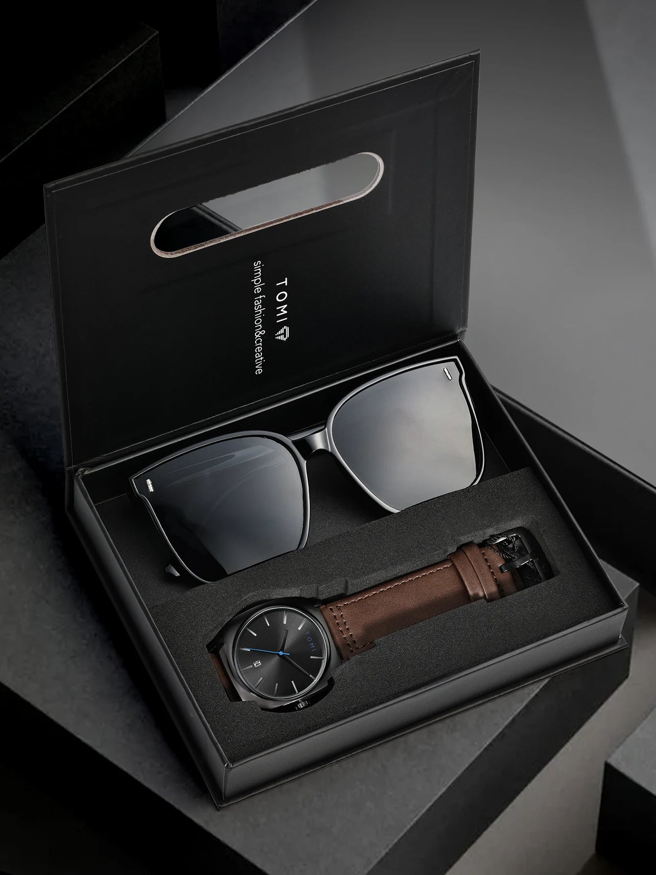 Tomi 2 pçs masculino casual moda relógio óculos conjunto de presente clássico simples caso quadrado relógio de quartzo masculino conjunto de presente reloj
