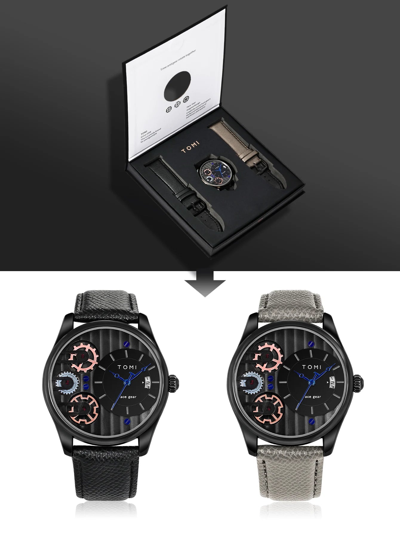Relógio de quartzo de pulseira destacável TOMI masculino, conjunto combinado caixa presente, luxo e negócios simples, presente Festival