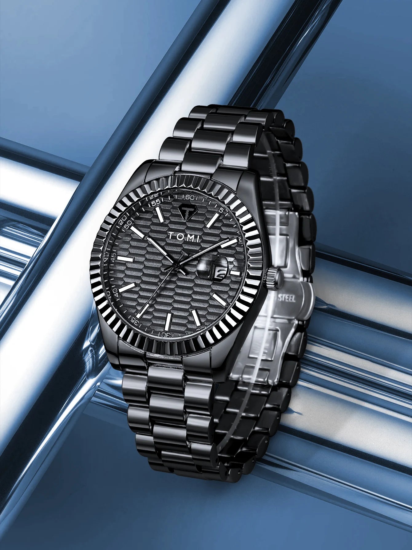 Tomi novo relógio masculino broche anel caixa de presente conjunto luxo negócios pulseira aço inoxidável calendário casual relógio quartzo reloj