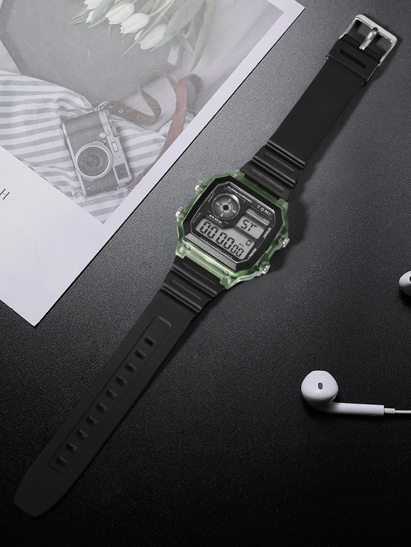 TOMI Transparente Cyberpunk Relógio Digital Edgy Square Estilo Esportivo Display LED Botões Multi-Função Moda Streetwear Pulseira