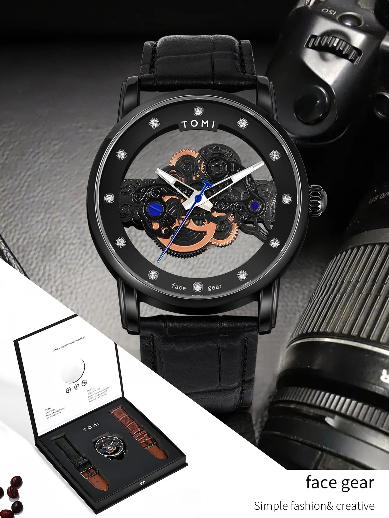 TOMI Novo relógio popular de luxo casual masculino e feminino relógio de quartzo com diamante oco