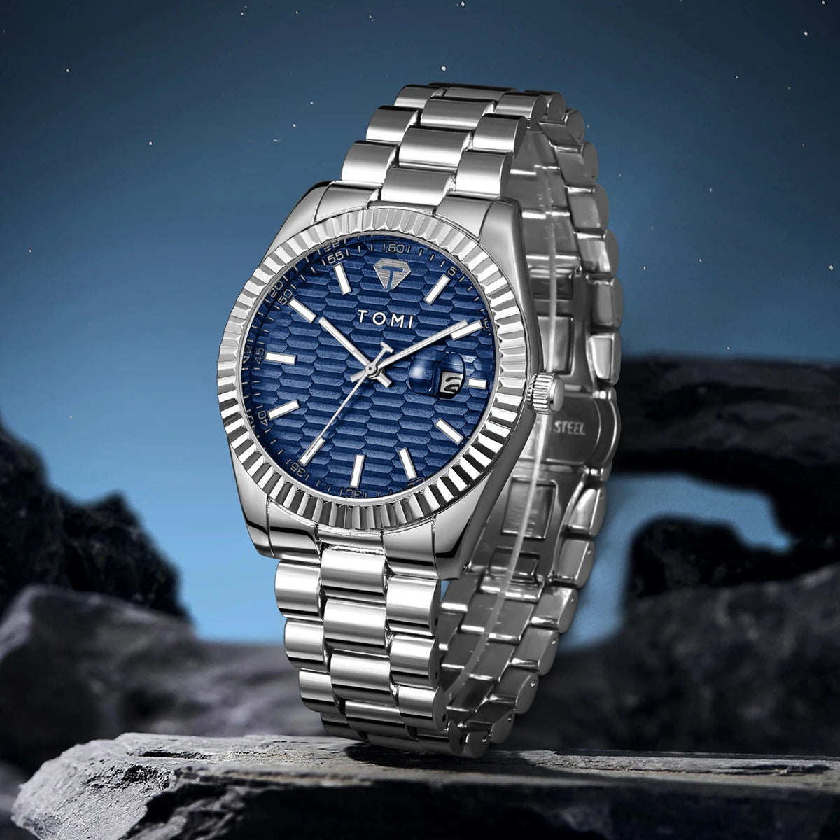 Tomi novo relógio masculino broche anel caixa de presente conjunto luxo negócios pulseira aço inoxidável calendário casual relógio quartzo reloj