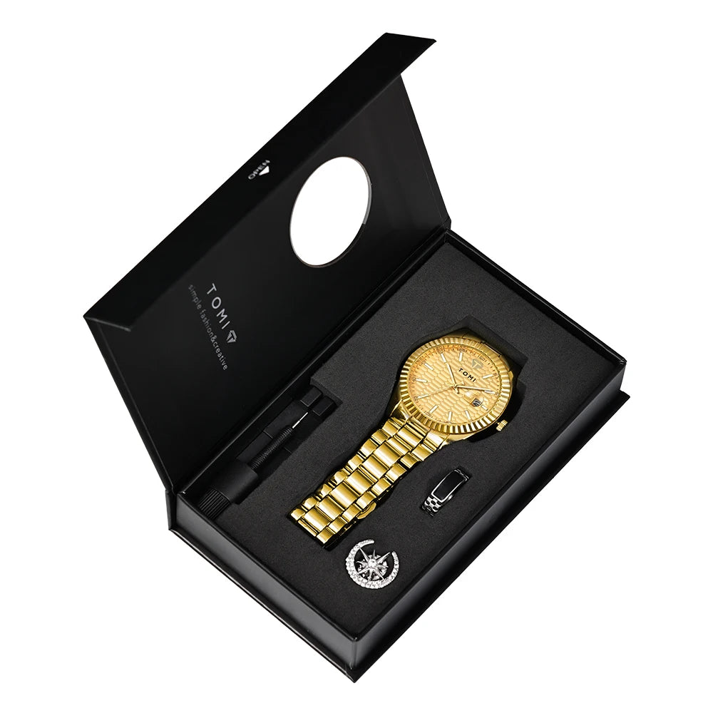 Tomi novo relógio masculino broche anel caixa de presente conjunto luxo negócios pulseira aço inoxidável calendário casual relógio quartzo reloj