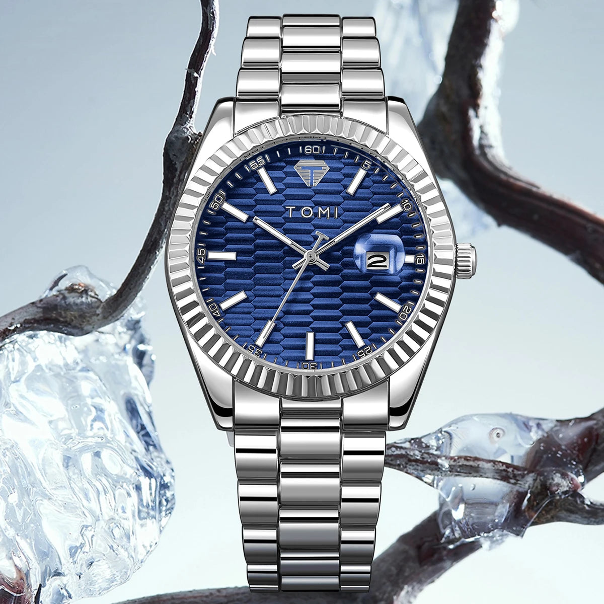 Tomi novo relógio masculino broche anel caixa de presente conjunto luxo negócios pulseira aço inoxidável calendário casual relógio quartzo reloj