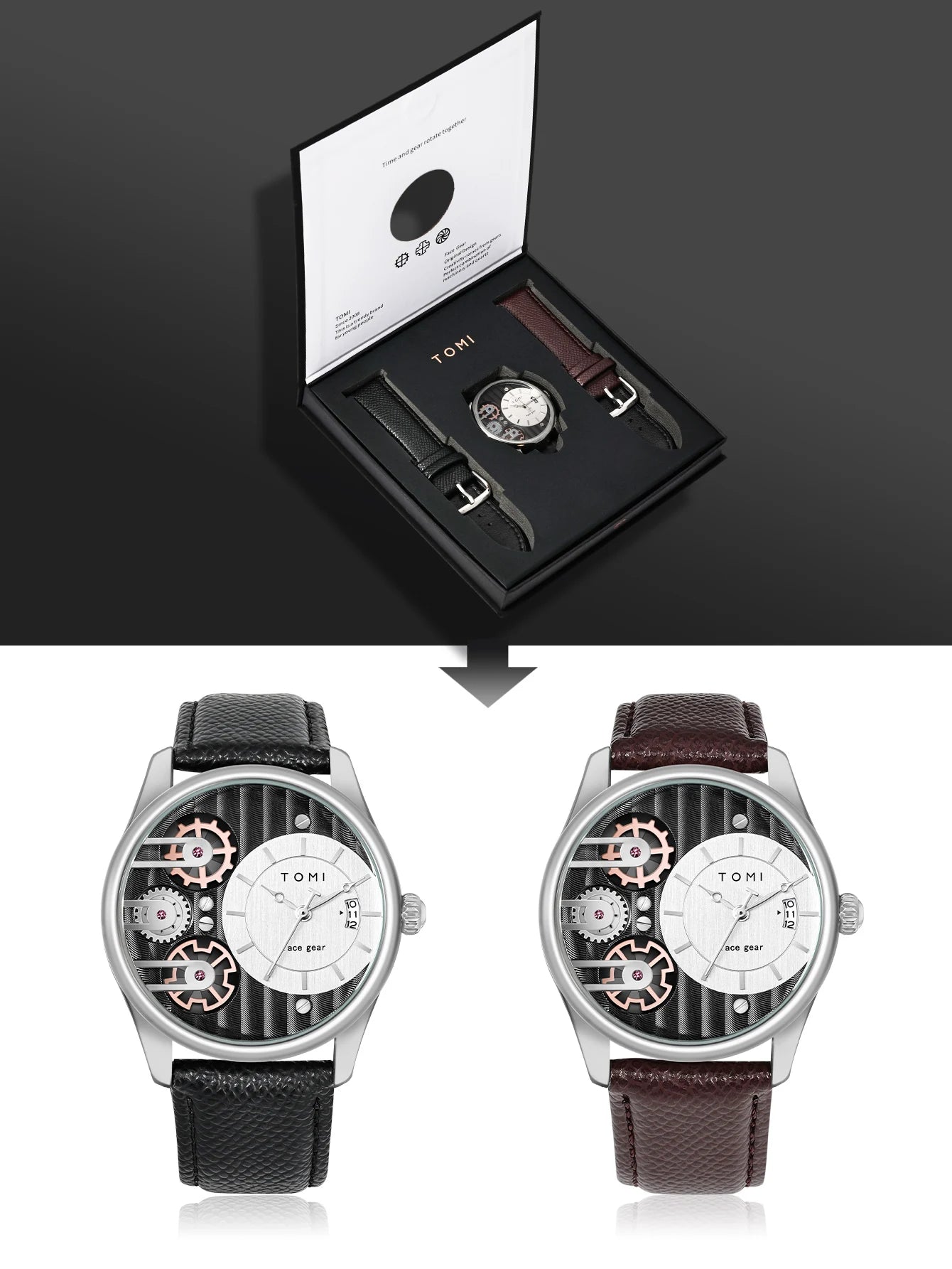 Relógio de quartzo de pulseira destacável TOMI masculino, conjunto combinado caixa presente, luxo e negócios simples, presente Festival