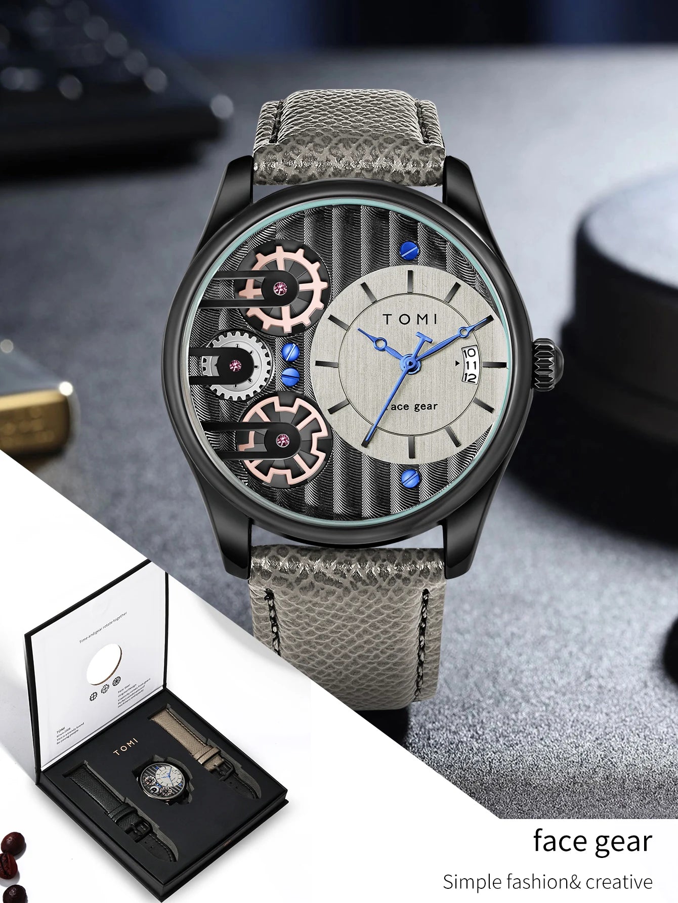 Relógio de quartzo de pulseira destacável TOMI masculino, conjunto combinado caixa presente, luxo e negócios simples, presente Festival